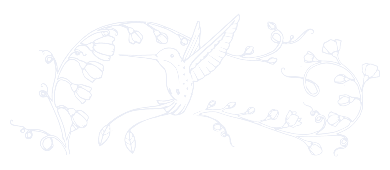 Line drawing of a hummingbird surrounded by ornate floral vines and leaves.