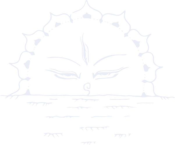 Stylized Buddha eyes over water with lotus petals