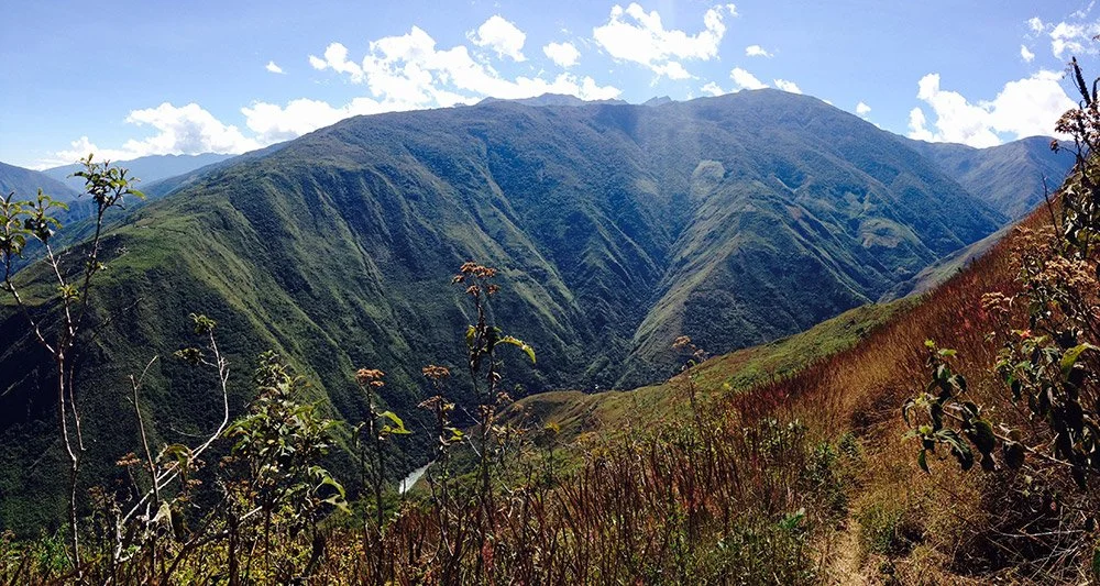 Forested Andean valley of the Paititi Biocultural Reserve, with a river winding far below