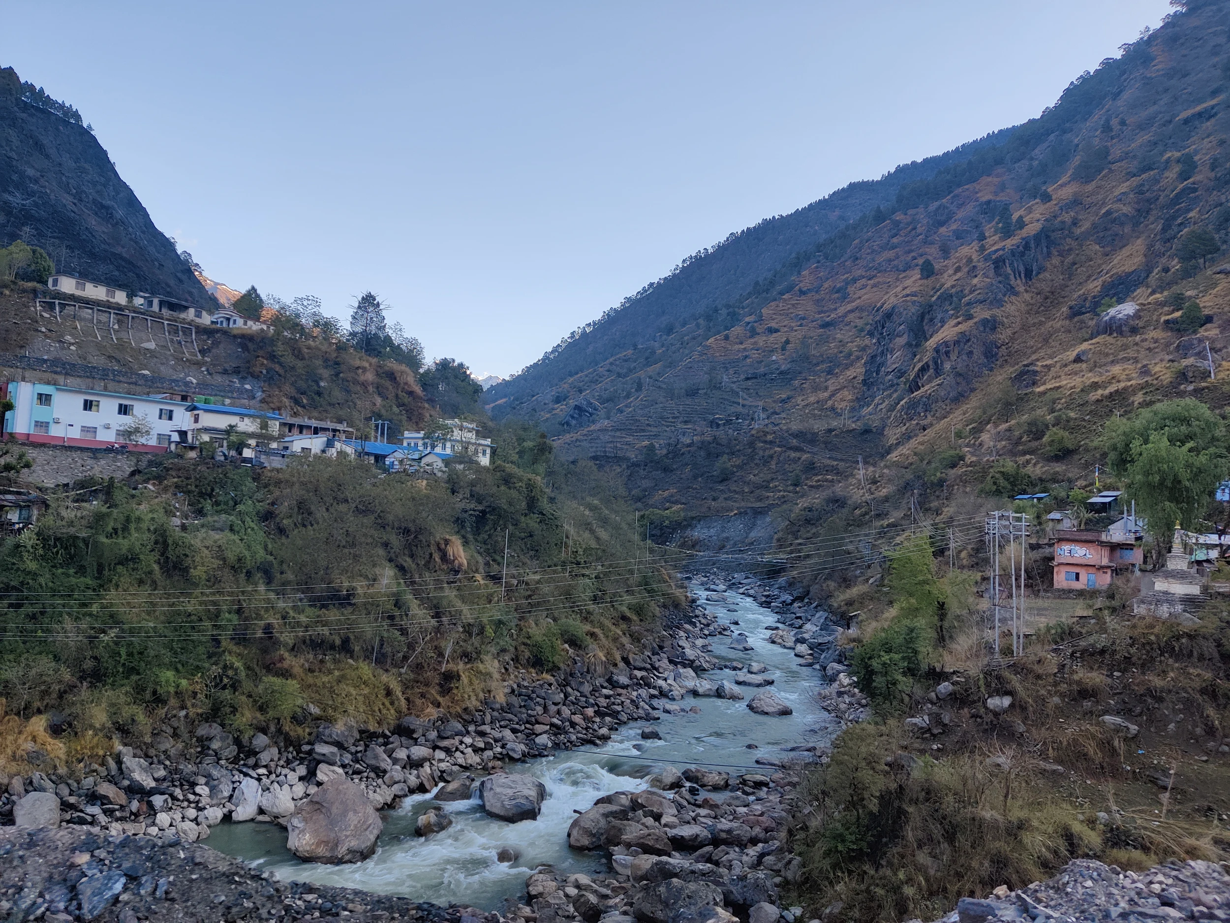 The Langtang Khola running past the hillside houses of Syafrubesi in Rasuwa, Nepal