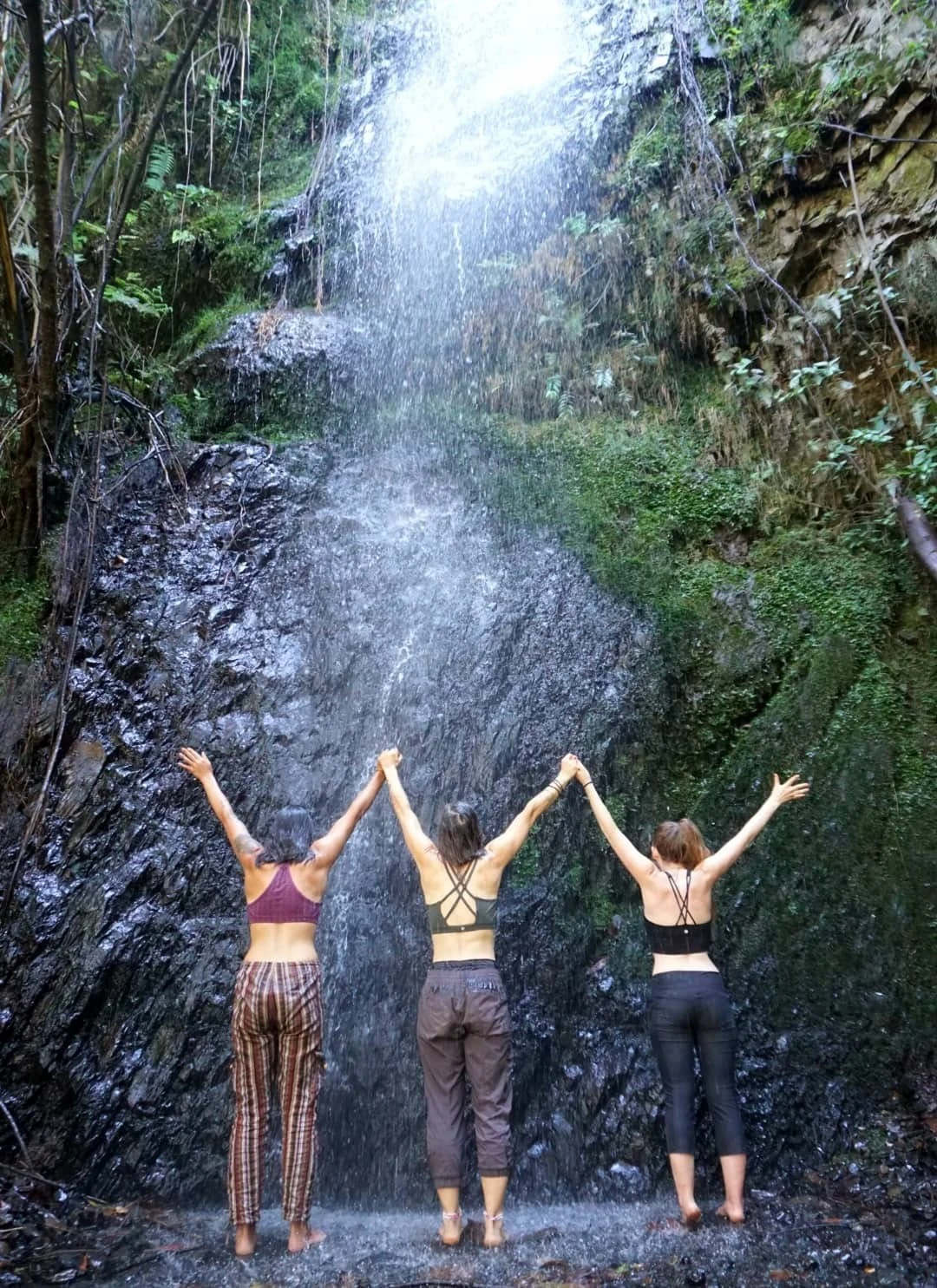 Tres personas bajo una cascada en una grieta de roca cubierta de musgo, en la reserva