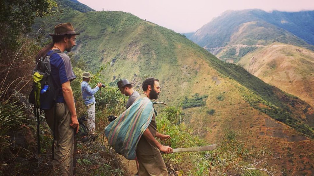 image shows students and teachers mountain hiking to Paititi's permaculture center in Larapata, Peru